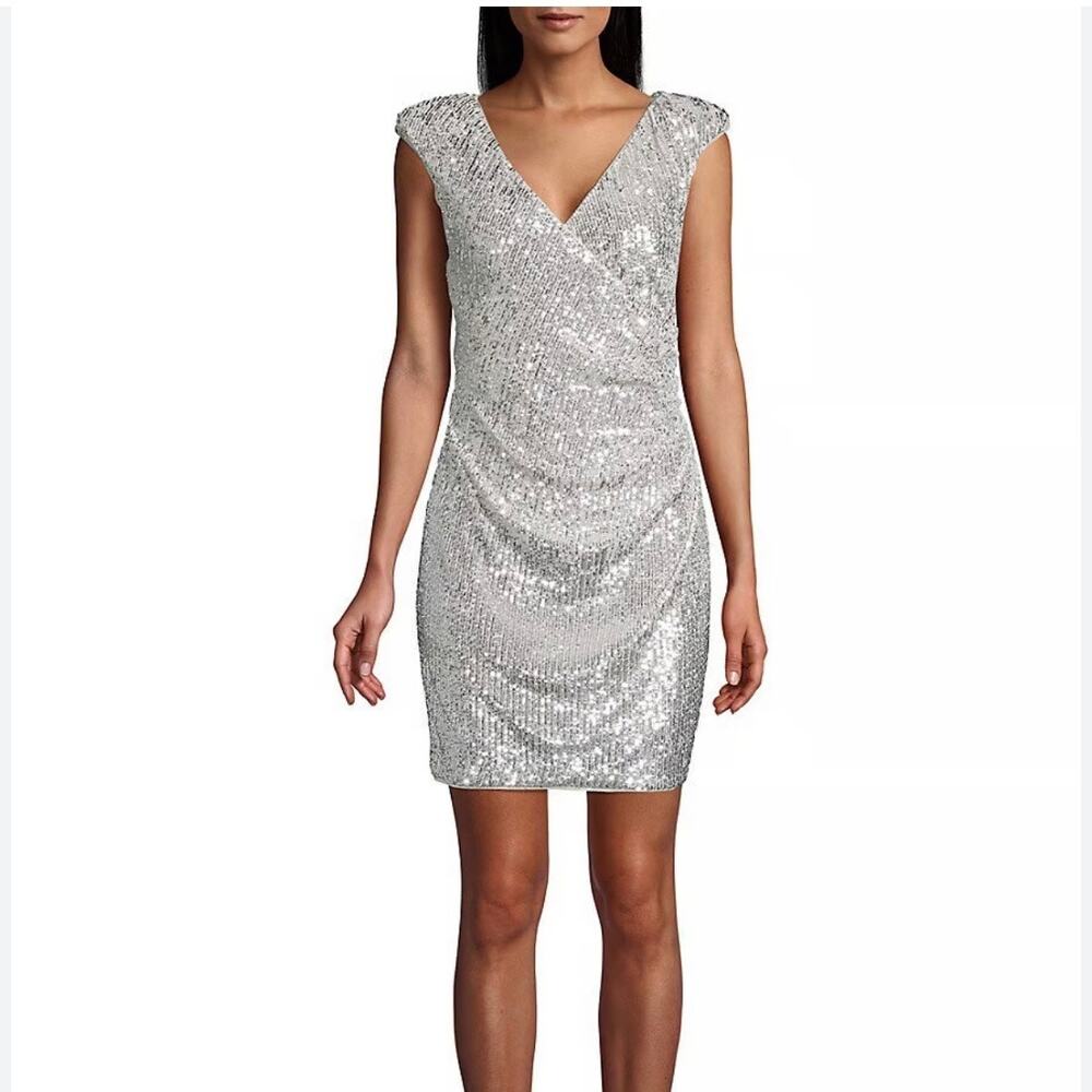 Aidan Mattox Sequin Mini Dress Size 12 Champagne Silver Faux Wrap Ruched Stretch